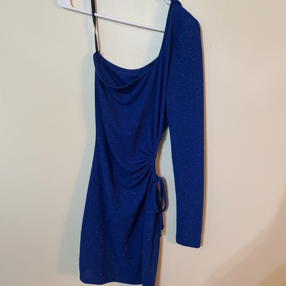 Royal Blue One-Shoulder Mini Dress w/ Ruched Side Cut-Out - Picture 1 of 3